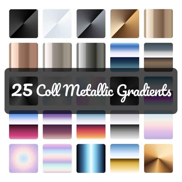 Vector conjunto de degradado metálico. 25 coll gradientes metálicos. fondo degradado de colores.