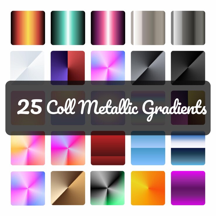 Vector conjunto de degradado metálico. 25 coll gradientes metálicos. fondo degradado de colores.