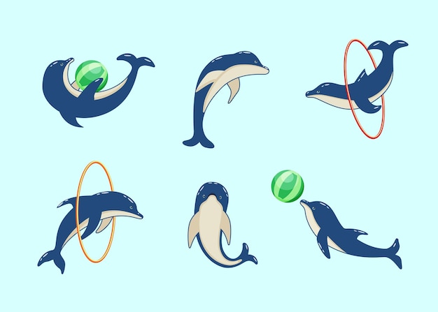 Vector conjunto de delfines de dibujos animados en diferentes poses.