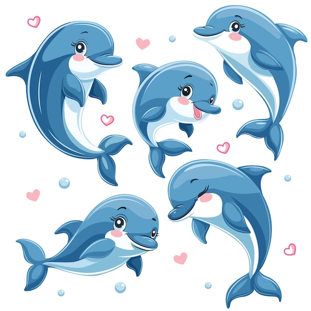 Conjunto de delfines lindos al estilo de los dibujos animados