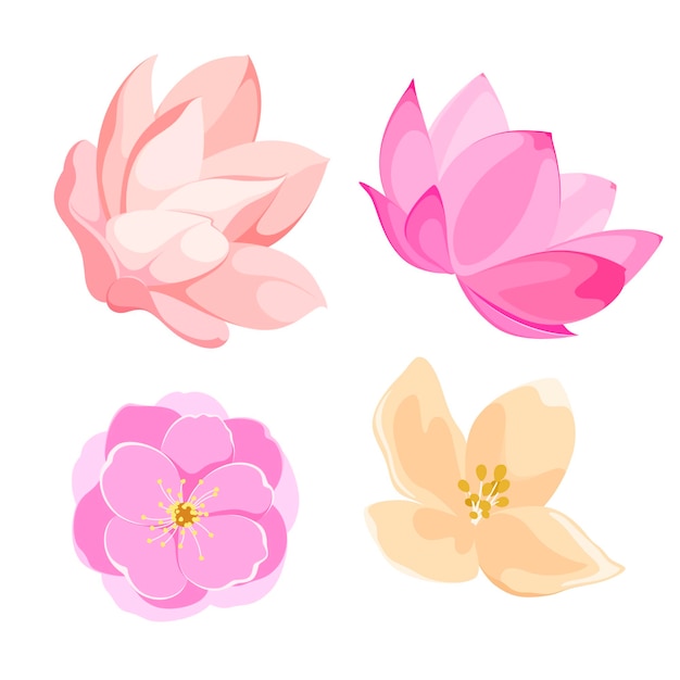 Un conjunto de delicadas flores sobre un fondo blanco. Diseño de dibujos animados.