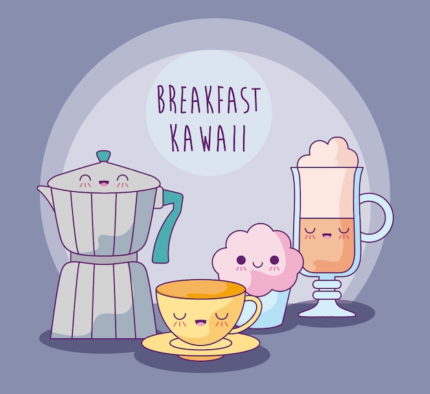 Conjunto de deliciosa comida para el desayuno estilo kawaii