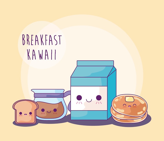 Conjunto de deliciosa comida para el desayuno estilo kawaii