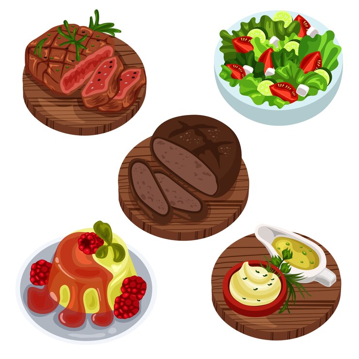 Conjunto de deliciosa comida ensalada salsa pan gelatina