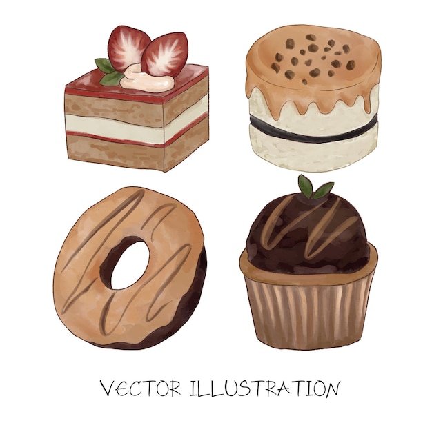 conjunto de deliciosa ilustración de acuarela de pastel