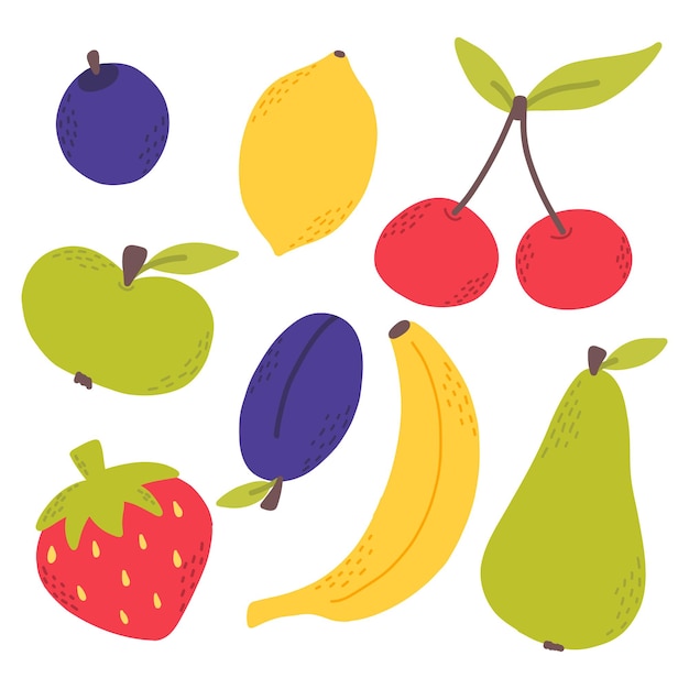 Un conjunto de deliciosas frutas Colección de frutas dibujadas a mano Manzana pera limón cereza ciruela plátano estilo plano ilustración vectorial