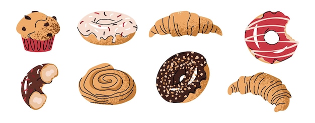 Conjunto de deliciosas rosquillas cubiertas con glaseado y salpicaduras croissant muffin bun Delicioso postre para el desayuno de bocadillo al estilo de dibujos animados