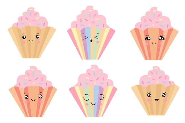 Conjunto de deliciosos cupcakes en diseño de ilustración de vector de postre de estilo kawaii