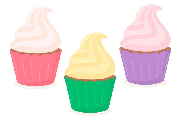 Vector un conjunto de deliciosos cupcakes dulces y coloridos con crema ilustración vectorial de hornear en un estilo plano