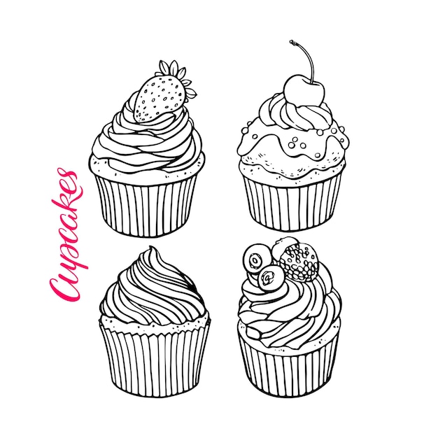 Conjunto de deliciosos cupcakes lindos. Ilustración dibujada a mano