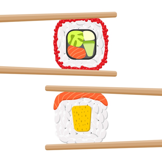 Vector conjunto de deliciosos rollos de sushi de colores con palillos