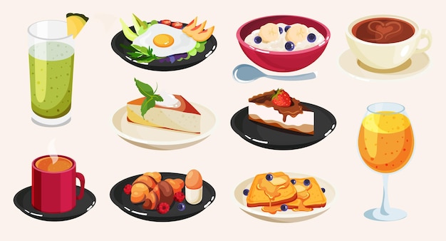 Un conjunto de deliciosos y saludables desayunos al estilo de dibujos animados