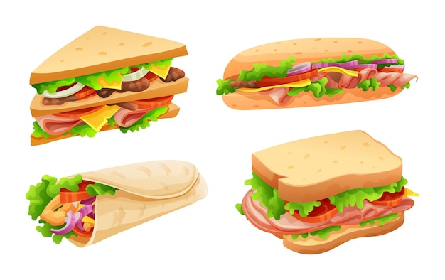 Vector conjunto de deliciosos sándwiches en estilo de dibujos animados