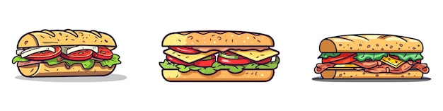 Conjunto de deliciosos sándwiches jugosos llenos de verduras, queso, carne, tocino, ilustración vectorial en estilo de dibujos animados planos