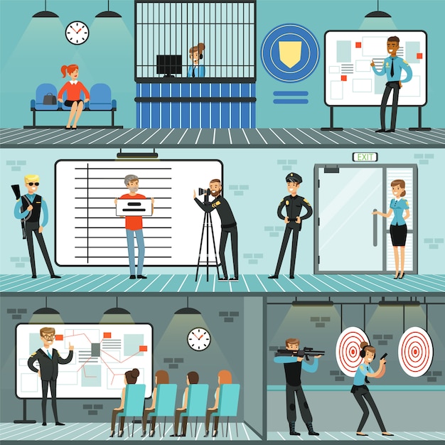 Conjunto de departamento de policía, policías en el trabajo, investigación de delitos, conferencia, identificación y detención de criminales, entrenamiento con pistola r horizontal Ilustraciones
