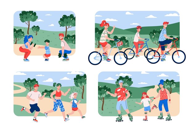 Vector conjunto de deporte familiar de personas en la ilustración de vector plano de actividad deportiva al aire libre