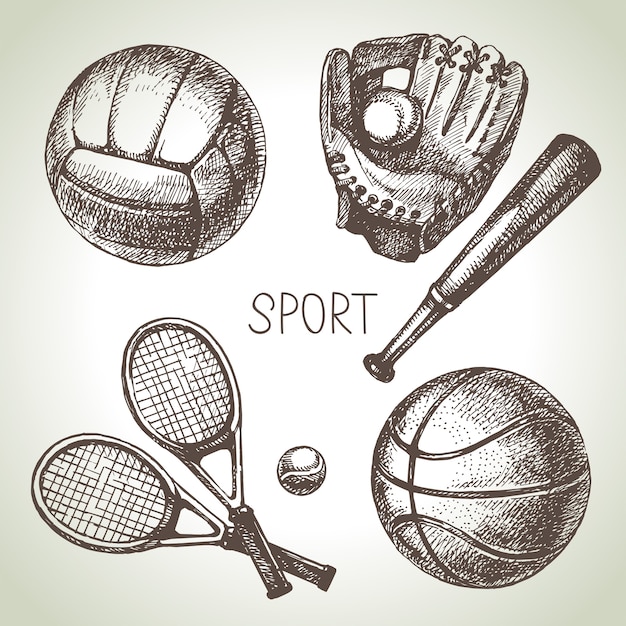 Vector conjunto de deportes dibujados a mano. boceto de pelotas deportivas. ilustración