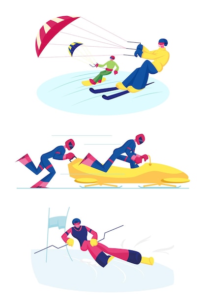 Conjunto de deportes de snowkiting, bobsleigh y ski slalom. Ilustración plana de dibujos animados