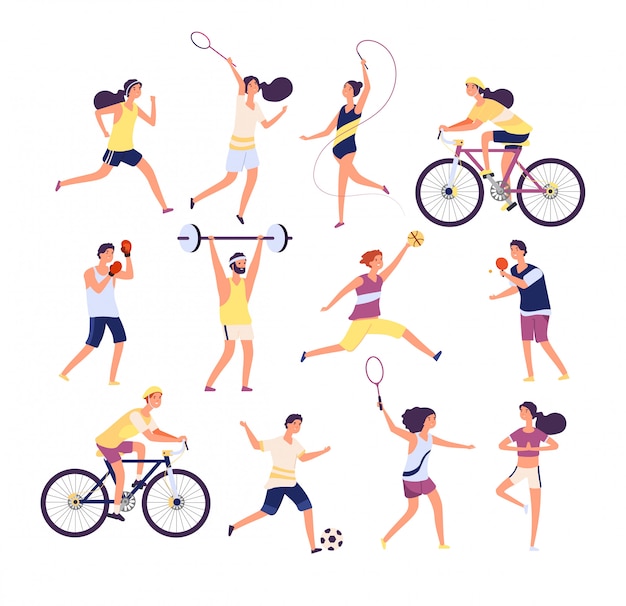 Vector conjunto de deportistas. ejercicio de personas gimnasta, corredor y tenista, boxeador y futbolista. conjunto de personajes de dibujos animados