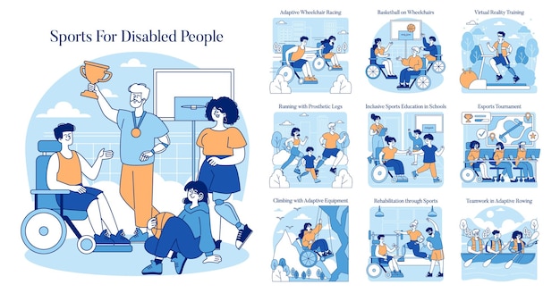 Conjunto deportivo para personas con discapacidad Ilustración de varias actividades deportivas adaptativas silla de ruedas