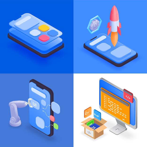 Vector conjunto de desarrollo de aplicaciones móviles con composiciones de lanzamiento de cohete de diseño de interfaz de usuario de teléfono inteligente isométrico e iconos de código ilustración vectorial