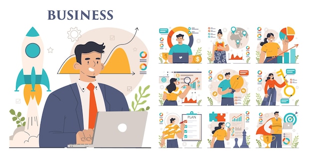 Conjunto de desarrollo empresarial Éxito empresarial y estrategia de crecimiento Planificación de la gestión y análisis de la competencia Innovaciones de la empresa para el progreso profesional Ilustración de vector plano