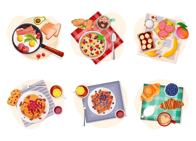 Conjunto de desayunos almuerzo Comida saludable menú Platos huevos fritos tocino aguacate verduras frutas gachas bayas dulces sándwiches panqueques café croissants té Ilustración vectorial