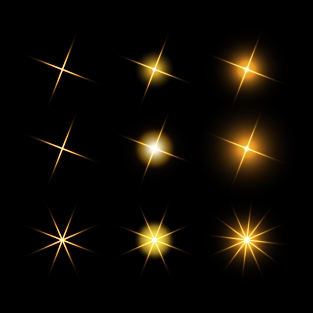 Conjunto de destellos. Brillante destello de luz, nueva estrella, sol brillante para ilustraciones vectoriales.