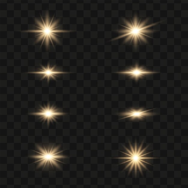 Conjunto de destellos dorados brillantes luces y chispas sobre un fondo transparente Flash con línea brillante