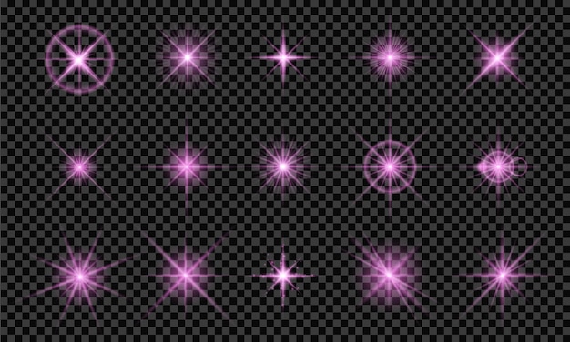 Vector conjunto de destellos de estrellas brillantes de color violeta claro aislado sobre fondo transparente