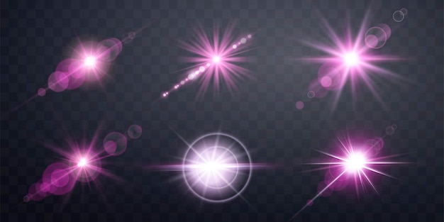 Conjunto de destellos de lente rosa. Aislado sobre fondo transparente. Destello de sol con rayos o foco y bokeh. Efecto de luz de destello de brillo rosa. Ilustración vectorial.