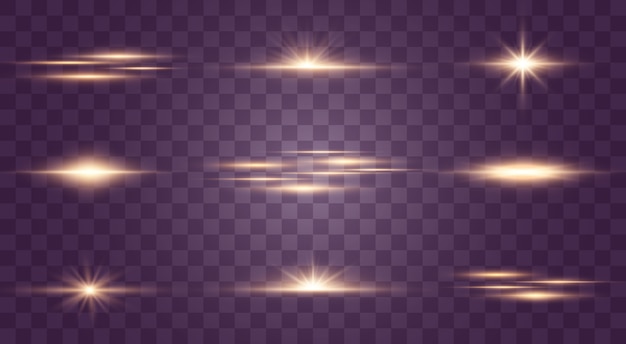 Conjunto de destellos, luces y destellos sobre un fondo transparente. Brillantes destellos dorados y resplandores. Resumen luces doradas aisladas Brillantes rayos de luz. Líneas brillantes ilustración