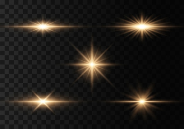Conjunto de destellos, luces y destellos sobre un fondo transparente. Brillantes destellos dorados y resplandores. Resumen luces doradas aisladas Brillantes rayos de luz. Líneas brillantes