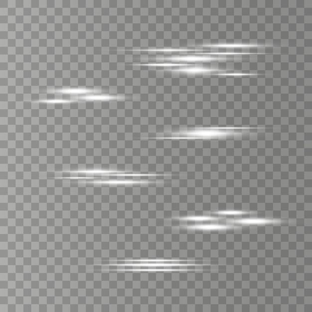 Conjunto de destellos, luces y destellos sobre un fondo transparente. Brillantes rayos de luz. Líneas brillantes