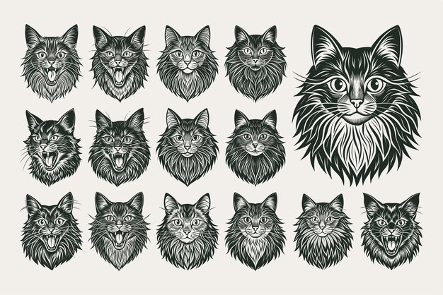 Conjunto de detalles dibujados a mano vector de diseño de la cara de gato de pelo largo británico