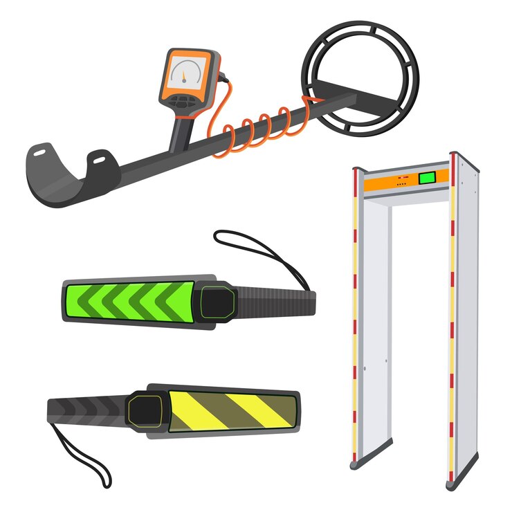 Vector conjunto de detectores de metales modernos en un estilo de dibujos animados ilustración vectorial de variedad de colores de detectors de metales arqueados manuales de múltiples frecuencias aislados sobre fondo blanco