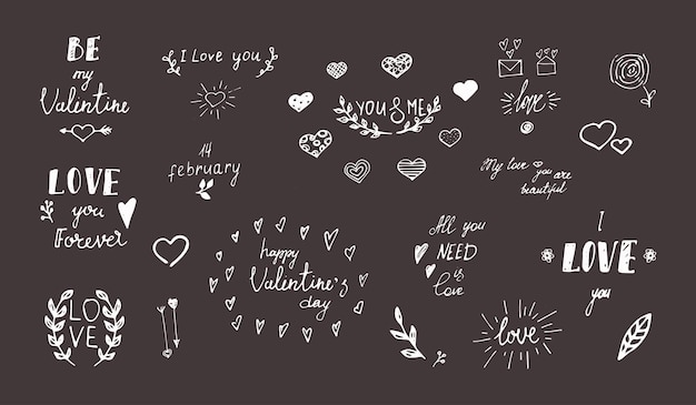 Conjunto de día de San Valentín. Dibujado a mano. Ilustración vectorial