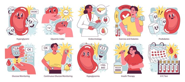 conjunto de diabetes que mide el azúcar en sangre con glucómetro glucosa monitorización del índice glucémico hiperglucemia