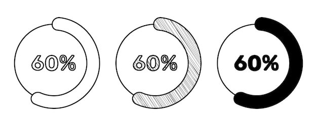 Conjunto de diagrama de porcentaje de vector dibujado a mano 60 en estilo de dibujos animados de fideos sobre fondo blanco