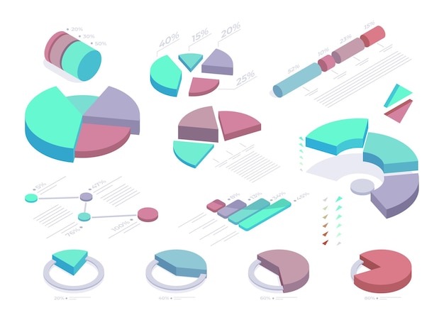 Conjunto de diagramas estadísticos isométricos Gráficos de análisis de datos Elementos de gráficos futuristas Conjunto de ilustración de vector infográfico 3d