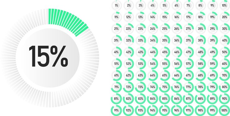 Vector conjunto de diagramas de porcentaje de círculo de 0 a 100 listos para usar para diseño web, interfaz de usuario