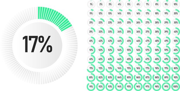Conjunto de diagramas de porcentaje de círculo de 0 a 100 listos para usar para diseño web, interfaz de usuario