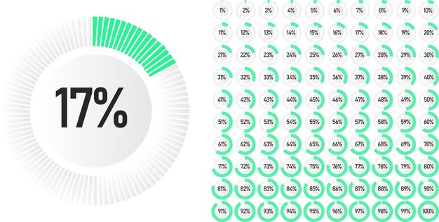 Vector conjunto de diagramas de porcentaje de círculo de 0 a 100 listos para usar para diseño web, interfaz de usuario