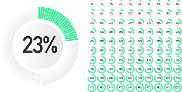 Conjunto de diagramas de porcentaje de círculo de 0 a 100 listos para usar para diseño web, interfaz de usuario