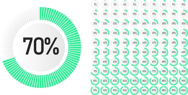 Vector conjunto de diagramas de porcentaje de círculo de 0 a 100 listos para usar para diseño web, interfaz de usuario