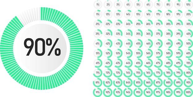 Vector conjunto de diagramas de porcentaje de círculo de 0 a 100 listos para usar para diseño web, interfaz de usuario