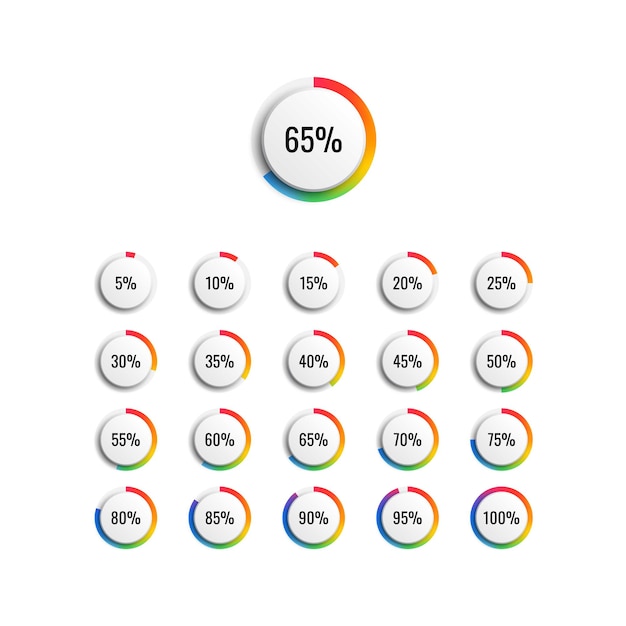 Conjunto de diagramas de porcentaje de círculo con indicador de gradiente de arco iris y 5 pasos ilustración vectorial