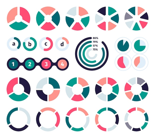 Conjunto de diagramas de torta rebanadas circulares para el porcentaje de tortas redondas para 2 3 4 y 6 secciones gráficos de torta para estadísticas y presentación de información Colección vectorial de torta redonda de círculo e ilustración de diagrama