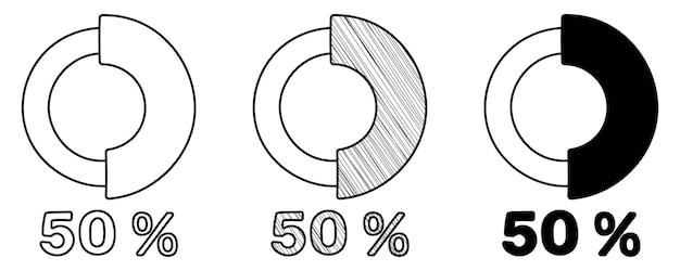 Conjunto de diagramas vectoriales dibujados a mano 50 porcentajes en estilo de dibujos animados de garabatos sobre fondo blanco