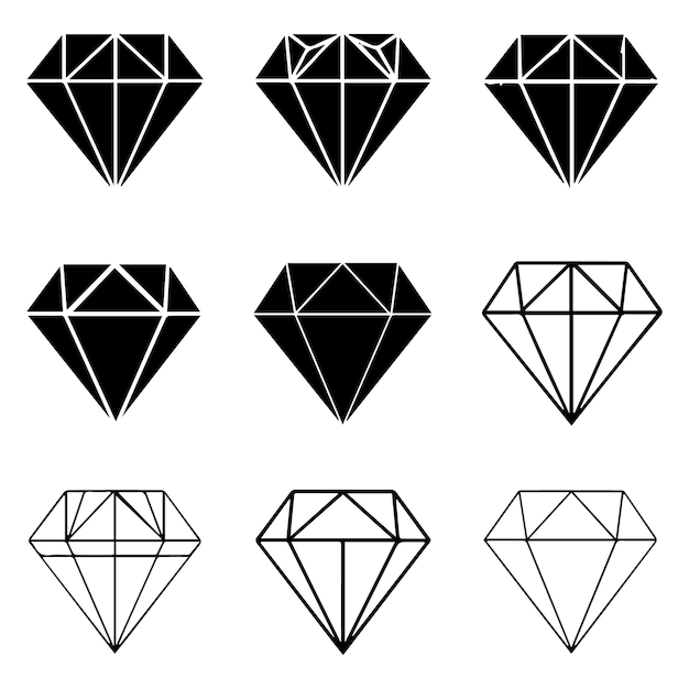 Conjunto de diamantes silueta Conjunto del ícono del diamante Diferentes formas de cortes de diamante Conjunto el ícono del Diamante en plano